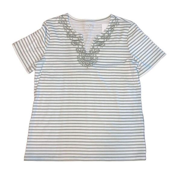 NWT Coral Bay Green and White Striped Embroidered Short Sleeve Blouse - Picture 1 of 4